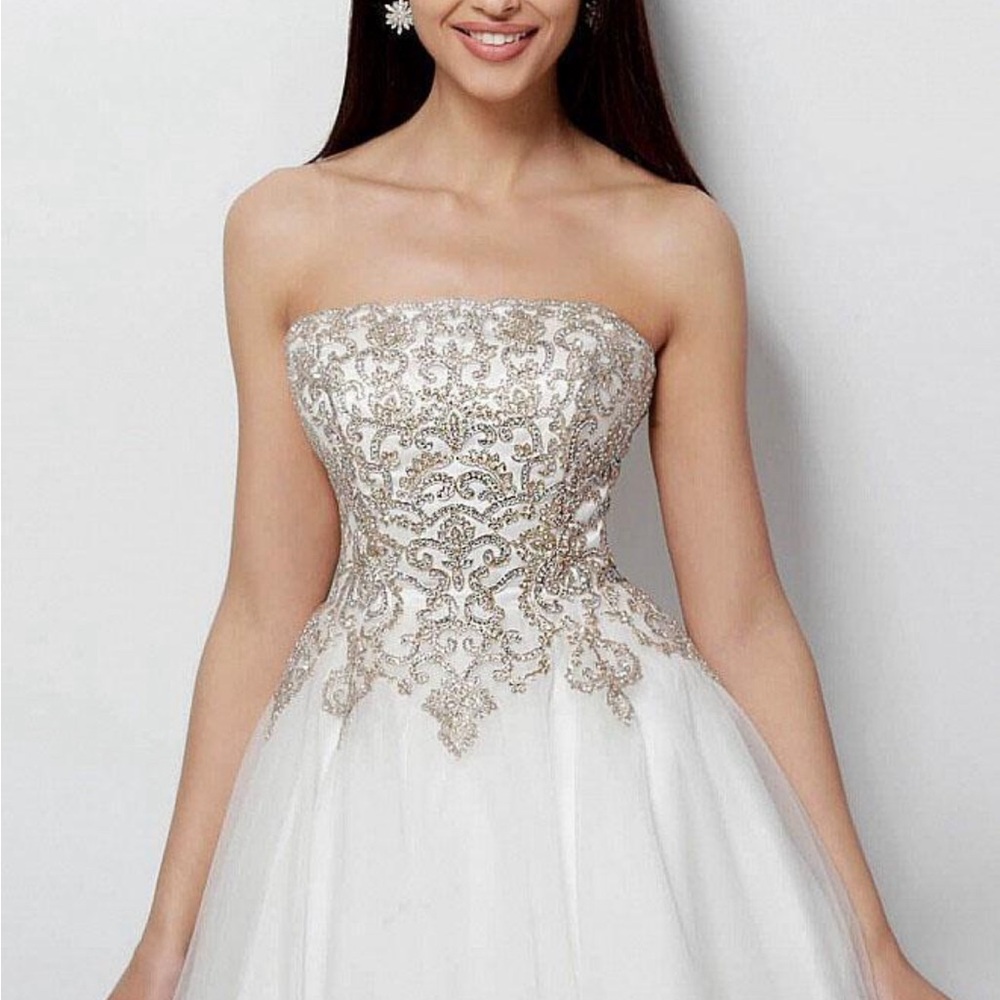 JVN by Jovani Off-White White and Gold Embellished Strapless Maxi Gown